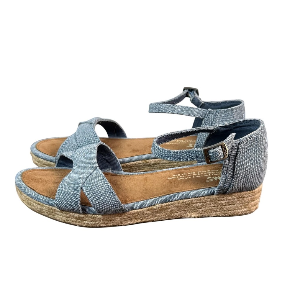 TOMS Shoes Size Y4 Blue Espadrille Wedge Sandals Ankle Strap Comfort